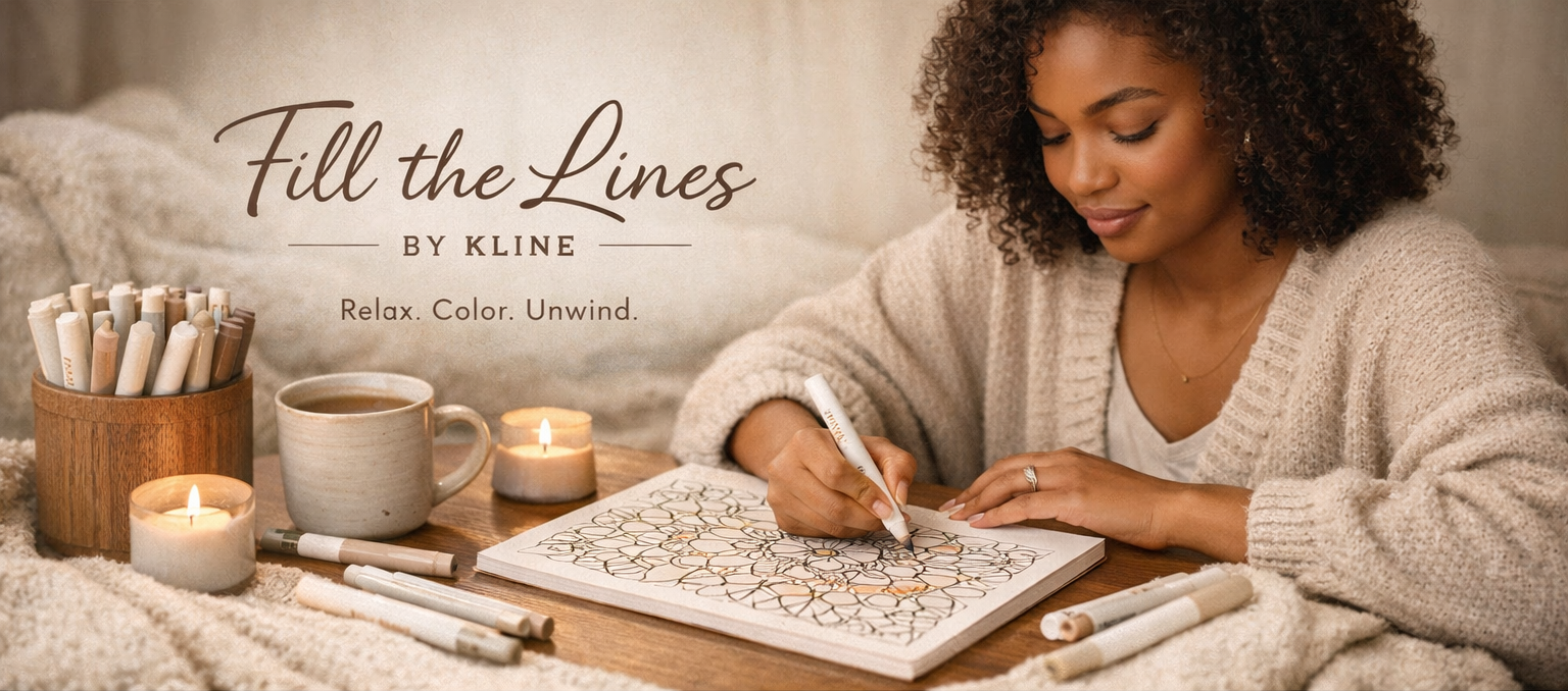 Woman coloring in an adult coloring book with 'Fill the Lines by Kline' branding.
